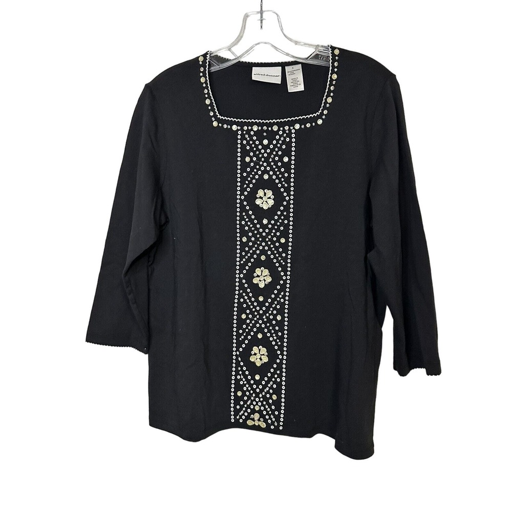 Alfred Dunner Womens Black Beaded Long Sleeve Square Neck Size S Top